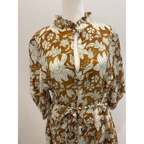 Hannah Artwear Silk Floral Mini Dress Ochre Brown Woodblock Print Size 1 - Picture 3 of 9